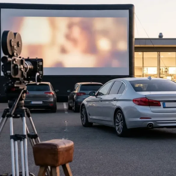Fotorealistische Szene eines modernen Autokinos in Deutschland bei Abenddämmerung, mehrere Autos vor einer großen Leinwand, natürliches Licht, realistische Texturen auf Fahrzeugen, Asphalt und Himmel, stimmungsvolle Kinoatmosphäre, eine Option subtil als Top-Wahl visuell hervorgehoben durch Komposition und Lichtführung, hochwertig, sauber, ohne Text im Bild