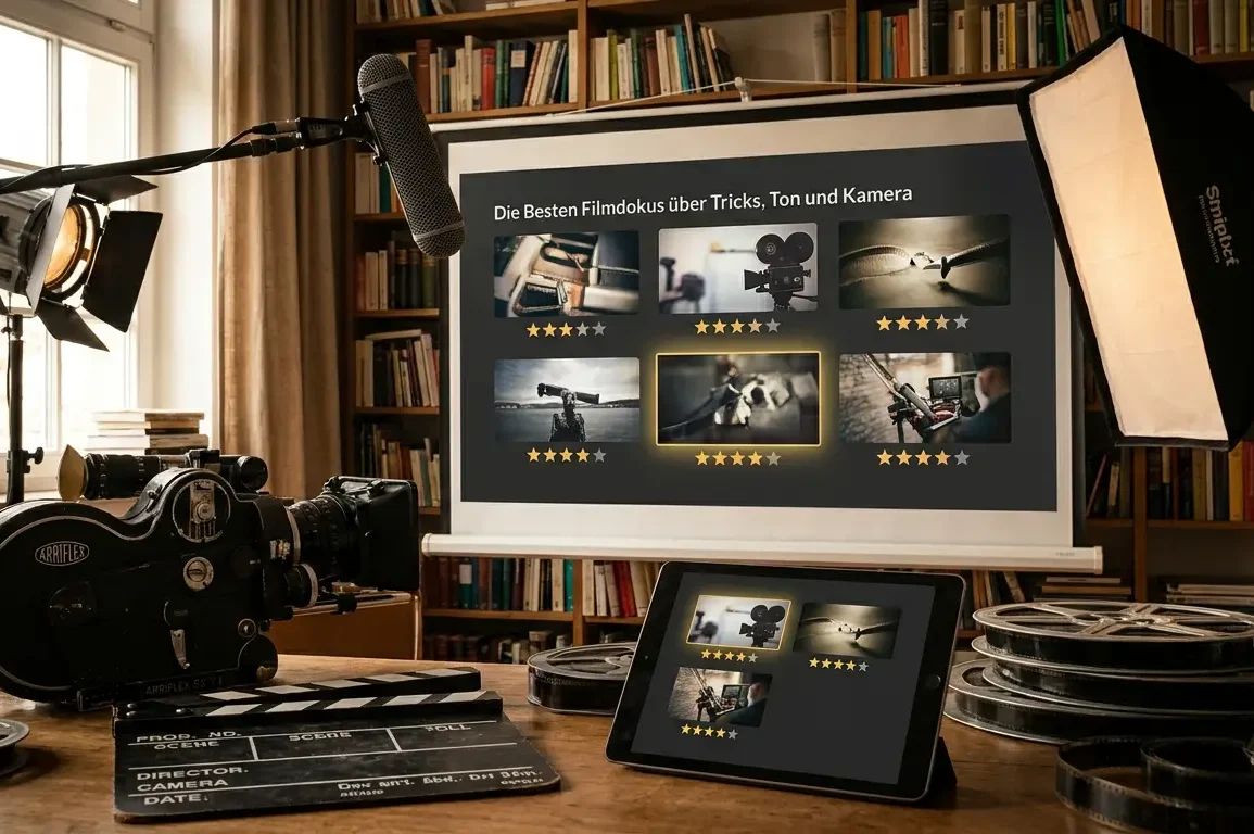 Professionelles Vergleichs-Hero-Bild mit einem modernen Wohnzimmer-Heimkino, mehreren geöffneten Streaming- und Doku-Auswahloberflächen auf einem großen Bildschirm und Tablet, eine Option visuell subtil als Top-Wahl hervorgehoben, Filmkamera, Klappe, Mikrofon und Licht-Equipment im Vordergrund, cineastische Atmosphäre, natürliches Fensterlicht, realistische Texturen, fotorealistische Fotografie, kein Text im Bild
