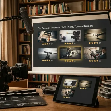 Professionelles Vergleichs-Hero-Bild mit einem modernen Wohnzimmer-Heimkino, mehreren geöffneten Streaming- und Doku-Auswahloberflächen auf einem großen Bildschirm und Tablet, eine Option visuell subtil als Top-Wahl hervorgehoben, Filmkamera, Klappe, Mikrofon und Licht-Equipment im Vordergrund, cineastische Atmosphäre, natürliches Fensterlicht, realistische Texturen, fotorealistische Fotografie, kein Text im Bild