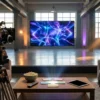 Fotorealistische Hero-Szene in einem modernen Wohnzimmer mit mehreren Geräten für Streaming, große TV-Anzeige mit abstrakter futuristischer Science-Fiction-Lichtstimmung, auf dem Couchtisch liegen Fernbedienung, Popcorn und Notizkarten für Filmauswahl, eine Option ist subtil als bevorzugte Wahl hervorgehoben, natürliche Beleuchtung, realistische Texturen, hochwertiges modernes Design, kein Text im Bild