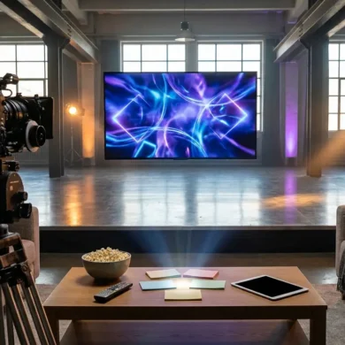 Fotorealistische Hero-Szene in einem modernen Wohnzimmer mit mehreren Geräten für Streaming, große TV-Anzeige mit abstrakter futuristischer Science-Fiction-Lichtstimmung, auf dem Couchtisch liegen Fernbedienung, Popcorn und Notizkarten für Filmauswahl, eine Option ist subtil als bevorzugte Wahl hervorgehoben, natürliche Beleuchtung, realistische Texturen, hochwertiges modernes Design, kein Text im Bild