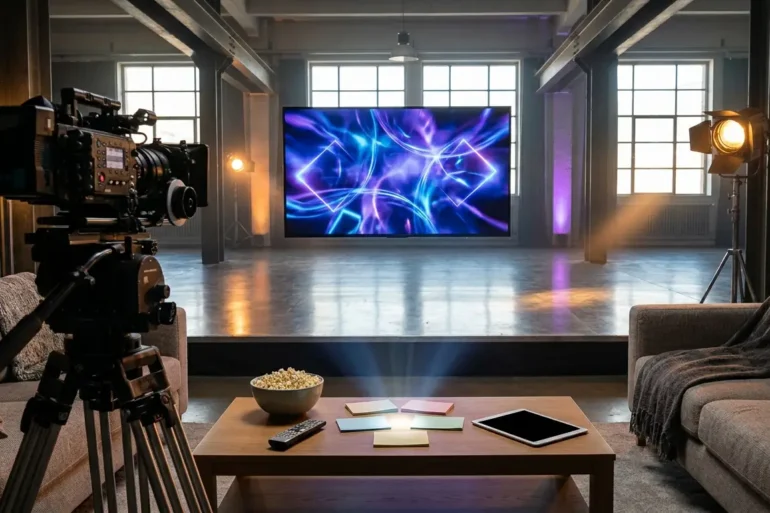 Fotorealistische Hero-Szene in einem modernen Wohnzimmer mit mehreren Geräten für Streaming, große TV-Anzeige mit abstrakter futuristischer Science-Fiction-Lichtstimmung, auf dem Couchtisch liegen Fernbedienung, Popcorn und Notizkarten für Filmauswahl, eine Option ist subtil als bevorzugte Wahl hervorgehoben, natürliche Beleuchtung, realistische Texturen, hochwertiges modernes Design, kein Text im Bild