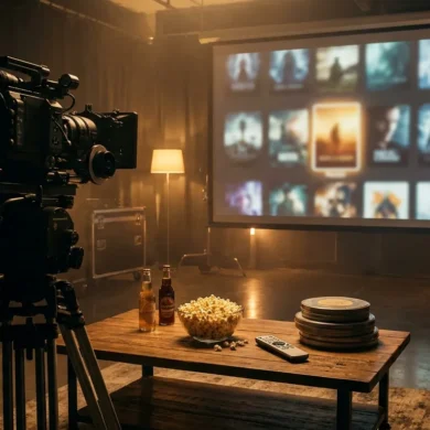 Professionelles Vergleichs-Hero-Bild mit einem gemütlichen modernen Wohnzimmer, mehreren Streaming-Optionen auf einem Fernseher angedeutet, eine Auswahl subtil als bevorzugte Option hervorgehoben, stilvolle Snacks und Fernbedienung auf dem Tisch, warme natürliche Beleuchtung, realistische Texturen, fotorealistisches Bild, kein Text im Bild
