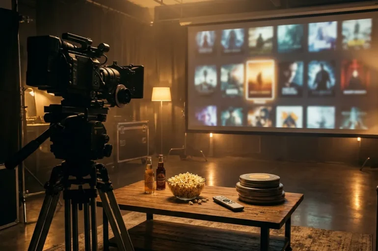 Professionelles Vergleichs-Hero-Bild mit einem gemütlichen modernen Wohnzimmer, mehreren Streaming-Optionen auf einem Fernseher angedeutet, eine Auswahl subtil als bevorzugte Option hervorgehoben, stilvolle Snacks und Fernbedienung auf dem Tisch, warme natürliche Beleuchtung, realistische Texturen, fotorealistisches Bild, kein Text im Bild