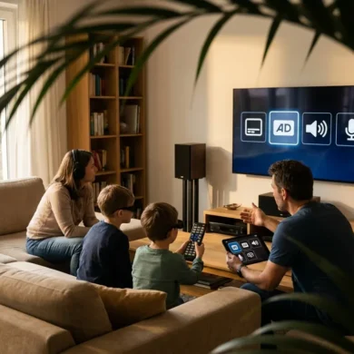 Fotorealistische Szene in einem modernen deutschen Wohnzimmer mit natürlichem Fensterlicht: 4 Personen nutzen gemeinsam ein barrierefreies Heimkino-Setup mit großem Fernseher, klarer Streaming-Oberfläche, Fernbedienung, Kopfhörern und sichtbaren Bedienhilfen wie kontrastreichen Symbolen, ohne jegliche Schrift im Bild. Realistische Texturen von Stoffsofa, Holzregal, Metalllautsprechern und weichem Abendlicht, freundliche ruhige Stimmung, glaubwürdige Alltagssituation, professionelle Komposition mit Fokus auf Digitale Zugänglichkeit und moderne Mediennutzung.