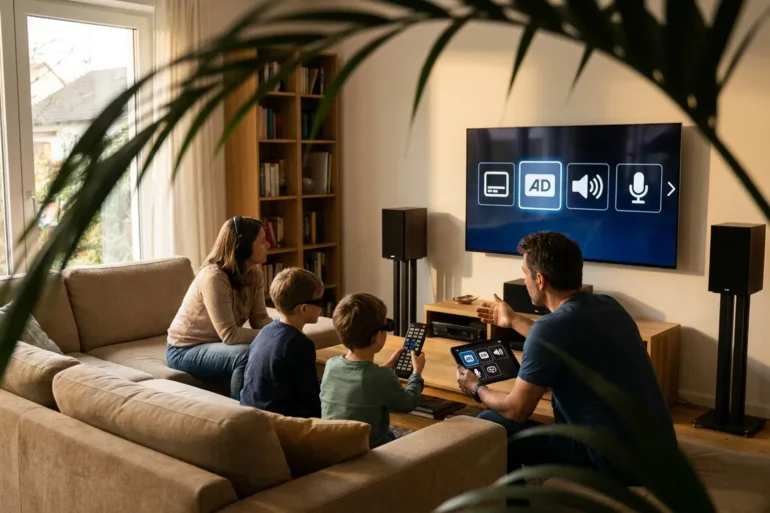 Fotorealistische Szene in einem modernen deutschen Wohnzimmer mit natürlichem Fensterlicht: 4 Personen nutzen gemeinsam ein barrierefreies Heimkino-Setup mit großem Fernseher, klarer Streaming-Oberfläche, Fernbedienung, Kopfhörern und sichtbaren Bedienhilfen wie kontrastreichen Symbolen, ohne jegliche Schrift im Bild. Realistische Texturen von Stoffsofa, Holzregal, Metalllautsprechern und weichem Abendlicht, freundliche ruhige Stimmung, glaubwürdige Alltagssituation, professionelle Komposition mit Fokus auf Digitale Zugänglichkeit und moderne Mediennutzung.