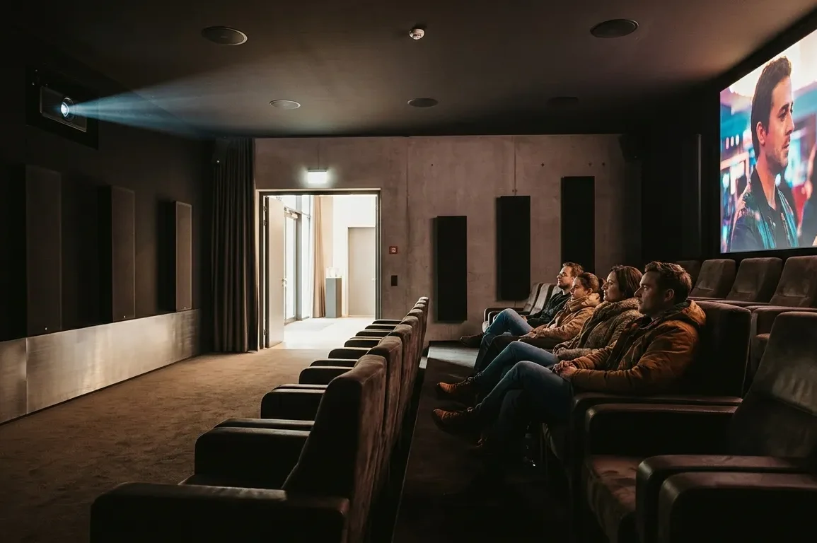 Fotorealistische Szene in einem modernen deutschen Kino mit genau 4 Personen, die in bequemen Sesseln sitzen und konzentriert auf eine große Leinwand blicken, während dezente Deckenlautsprecher und seitliche Lautsprecher die Dolby-Atmos-Umgebung sichtbar machen, natürliches Licht nur sanft aus dem Foyer einfallend, realistische Stoff-, Leder- und Metalltexturen, warme dunkle Farbstimmung mit cineastischem Kontrast. Fokus auf immersives Premium-Kinoerlebnis, klare Tiefenwirkung im Saal, authentische Architektur eines hochwertigen Kinosaals, keine Schrift, keine Logos, keine Zahlen, keine sonstigen Textelemente im Bild.
