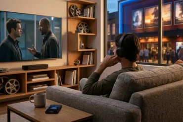 Fotorealistische Szene mit natürlichem Abendlicht in einem modernen Wohnzimmer: eine einzelne Person sitzt auf einem Sofa vor einem großen Fernseher, auf dem eine Filmszene in englischer Originalfassung läuft, daneben liegt ein Smartphone mit geöffneter Kino-App, im Hintergrund ein Regal mit Filmen und dezente Heimkino-Technik, realistische Stoff- und Holztexturen, warme Lichtstimmung, klare Tiefenschärfe. Zweite Ebene im Bild: durch ein Fenster oder als visuelle Anspielung eine urbane Kinofassade bei Dämmerung, ohne sichtbare Schrift, ohne Logos, ohne Buchstaben oder Zahlen, harmonische Farben in Blau, Bernstein und dunklem Rot, professionell, ruhig und hochwertig komponiert.