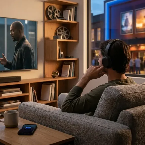 Fotorealistische Szene mit natürlichem Abendlicht in einem modernen Wohnzimmer: eine einzelne Person sitzt auf einem Sofa vor einem großen Fernseher, auf dem eine Filmszene in englischer Originalfassung läuft, daneben liegt ein Smartphone mit geöffneter Kino-App, im Hintergrund ein Regal mit Filmen und dezente Heimkino-Technik, realistische Stoff- und Holztexturen, warme Lichtstimmung, klare Tiefenschärfe. Zweite Ebene im Bild: durch ein Fenster oder als visuelle Anspielung eine urbane Kinofassade bei Dämmerung, ohne sichtbare Schrift, ohne Logos, ohne Buchstaben oder Zahlen, harmonische Farben in Blau, Bernstein und dunklem Rot, professionell, ruhig und hochwertig komponiert.
