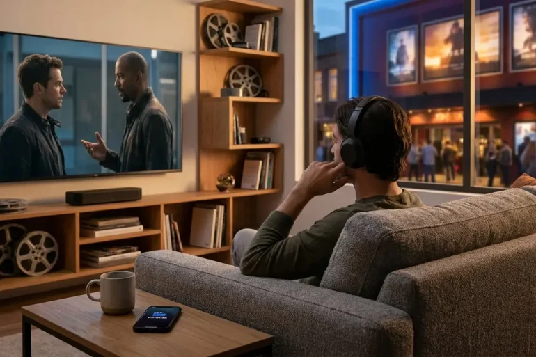 Fotorealistische Szene mit natürlichem Abendlicht in einem modernen Wohnzimmer: eine einzelne Person sitzt auf einem Sofa vor einem großen Fernseher, auf dem eine Filmszene in englischer Originalfassung läuft, daneben liegt ein Smartphone mit geöffneter Kino-App, im Hintergrund ein Regal mit Filmen und dezente Heimkino-Technik, realistische Stoff- und Holztexturen, warme Lichtstimmung, klare Tiefenschärfe. Zweite Ebene im Bild: durch ein Fenster oder als visuelle Anspielung eine urbane Kinofassade bei Dämmerung, ohne sichtbare Schrift, ohne Logos, ohne Buchstaben oder Zahlen, harmonische Farben in Blau, Bernstein und dunklem Rot, professionell, ruhig und hochwertig komponiert.