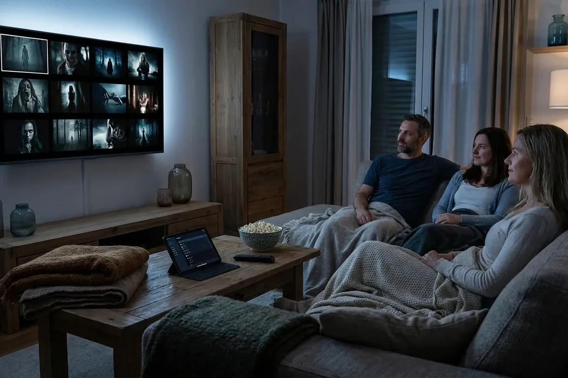 Fotorealistische Szene in einem gemütlichen deutschen Wohnzimmer bei natürlichem Abendlicht: genau 3 Personen sitzen auf einem Sofa vor einem modernen Fernseher, auf dem eine Streaming-Oberfläche ohne lesbaren Text zu sehen ist, dazu ein Tablet auf dem Couchtisch, Fernbedienung, Popcorn-Schale und weiche Decken mit realistischen Stofftexturen. Warme, natürliche Farben, glaubwürdige Hauttöne, feine Details bei Holz, Glas und Stoff, ruhige Heimkino-Stimmung mit Fokus auf legale Streaming-Nutzung, moderne Technik und entspanntes gemeinsames Filme-Schauen, ohne jegliche Schrift im Bild.