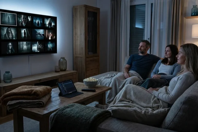 Fotorealistische Szene in einem gemütlichen deutschen Wohnzimmer bei natürlichem Abendlicht: genau 3 Personen sitzen auf einem Sofa vor einem modernen Fernseher, auf dem eine Streaming-Oberfläche ohne lesbaren Text zu sehen ist, dazu ein Tablet auf dem Couchtisch, Fernbedienung, Popcorn-Schale und weiche Decken mit realistischen Stofftexturen. Warme, natürliche Farben, glaubwürdige Hauttöne, feine Details bei Holz, Glas und Stoff, ruhige Heimkino-Stimmung mit Fokus auf legale Streaming-Nutzung, moderne Technik und entspanntes gemeinsames Filme-Schauen, ohne jegliche Schrift im Bild.