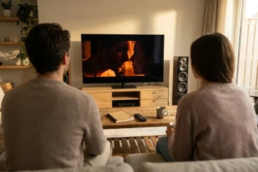 Fotorealistische Szene in einem modernen, gemütlichen Wohnzimmer mit natürlichem Fensterlicht: 2 Personen sitzen vor einem großen Fernseher, auf dem eine filmische Szene mit deutlicher Lichtstimmung, Nahaufnahme und starken Farbkontrasten zu sehen ist, daneben liegen Notizbuch und Fernbedienung auf einem Holztisch, realistische Texturen von Stoff, Holz und Glas. Warme, natürliche Farbtöne im Raum, klare Tiefenschärfe, ruhige cineastische Komposition, professioneller Editorial-Look ohne Text, ohne Zahlen, ohne Schrift im Bild.