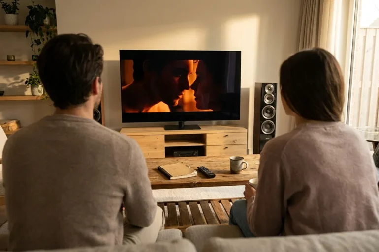 Fotorealistische Szene in einem modernen, gemütlichen Wohnzimmer mit natürlichem Fensterlicht: 2 Personen sitzen vor einem großen Fernseher, auf dem eine filmische Szene mit deutlicher Lichtstimmung, Nahaufnahme und starken Farbkontrasten zu sehen ist, daneben liegen Notizbuch und Fernbedienung auf einem Holztisch, realistische Texturen von Stoff, Holz und Glas. Warme, natürliche Farbtöne im Raum, klare Tiefenschärfe, ruhige cineastische Komposition, professioneller Editorial-Look ohne Text, ohne Zahlen, ohne Schrift im Bild.