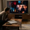 Fotorealistische Szene in einem modernen Wohnzimmer mit natürlichem Nachmittagslicht: eine einzelne Person sitzt aufmerksam vor einem großen Fernseher, auf dem ein stilistisch eindrucksvoller Film mit starken Farben und cineastischer Lichtstimmung läuft, daneben liegen ein Notizbuch und eine Fernbedienung auf einem Holztisch mit realistischen Texturen. Warme, natürliche Farben, weiche Schatten, glaubwürdige Stoffe, Holz, Glas und Metall, ruhige konzentrierte Stimmung, klarer Fokus auf visuelle Filmanalyse und Heimkino-Erlebnis, ohne Text, ohne Zahlen, ohne sichtbare Schrift im Bild.