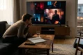 Fotorealistische Szene in einem modernen Wohnzimmer mit natürlichem Nachmittagslicht: eine einzelne Person sitzt aufmerksam vor einem großen Fernseher, auf dem ein stilistisch eindrucksvoller Film mit starken Farben und cineastischer Lichtstimmung läuft, daneben liegen ein Notizbuch und eine Fernbedienung auf einem Holztisch mit realistischen Texturen. Warme, natürliche Farben, weiche Schatten, glaubwürdige Stoffe, Holz, Glas und Metall, ruhige konzentrierte Stimmung, klarer Fokus auf visuelle Filmanalyse und Heimkino-Erlebnis, ohne Text, ohne Zahlen, ohne sichtbare Schrift im Bild.