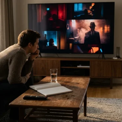 Fotorealistische Szene in einem modernen Wohnzimmer mit natürlichem Nachmittagslicht: eine einzelne Person sitzt aufmerksam vor einem großen Fernseher, auf dem ein stilistisch eindrucksvoller Film mit starken Farben und cineastischer Lichtstimmung läuft, daneben liegen ein Notizbuch und eine Fernbedienung auf einem Holztisch mit realistischen Texturen. Warme, natürliche Farben, weiche Schatten, glaubwürdige Stoffe, Holz, Glas und Metall, ruhige konzentrierte Stimmung, klarer Fokus auf visuelle Filmanalyse und Heimkino-Erlebnis, ohne Text, ohne Zahlen, ohne sichtbare Schrift im Bild.