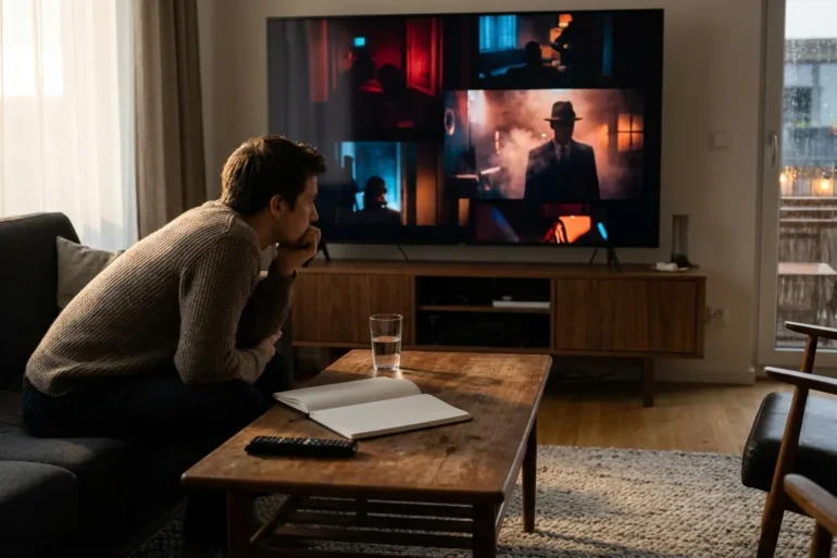 Fotorealistische Szene in einem modernen Wohnzimmer mit natürlichem Nachmittagslicht: eine einzelne Person sitzt aufmerksam vor einem großen Fernseher, auf dem ein stilistisch eindrucksvoller Film mit starken Farben und cineastischer Lichtstimmung läuft, daneben liegen ein Notizbuch und eine Fernbedienung auf einem Holztisch mit realistischen Texturen. Warme, natürliche Farben, weiche Schatten, glaubwürdige Stoffe, Holz, Glas und Metall, ruhige konzentrierte Stimmung, klarer Fokus auf visuelle Filmanalyse und Heimkino-Erlebnis, ohne Text, ohne Zahlen, ohne sichtbare Schrift im Bild.