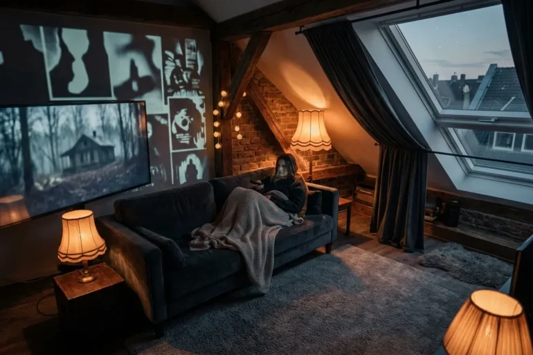 Ein dunkles, stilvolles Wohnzimmer bei natürlichem Abendlicht mit genau einer Person auf einem Sofa, in der Hand eine Fernbedienung, vor einem großen Fernseher mit unscharfer düsterer Filmszene ohne erkennbare Figuren. Warme Lampen, realistische Stoff- und Holztexturen, tiefe Schatten, spannungsgeladene Atmosphäre, dezente Farbpalette aus Dunkelblau, Grau und warmem Bernstein, fotorealistische Beleuchtung und natürliche Details, no text