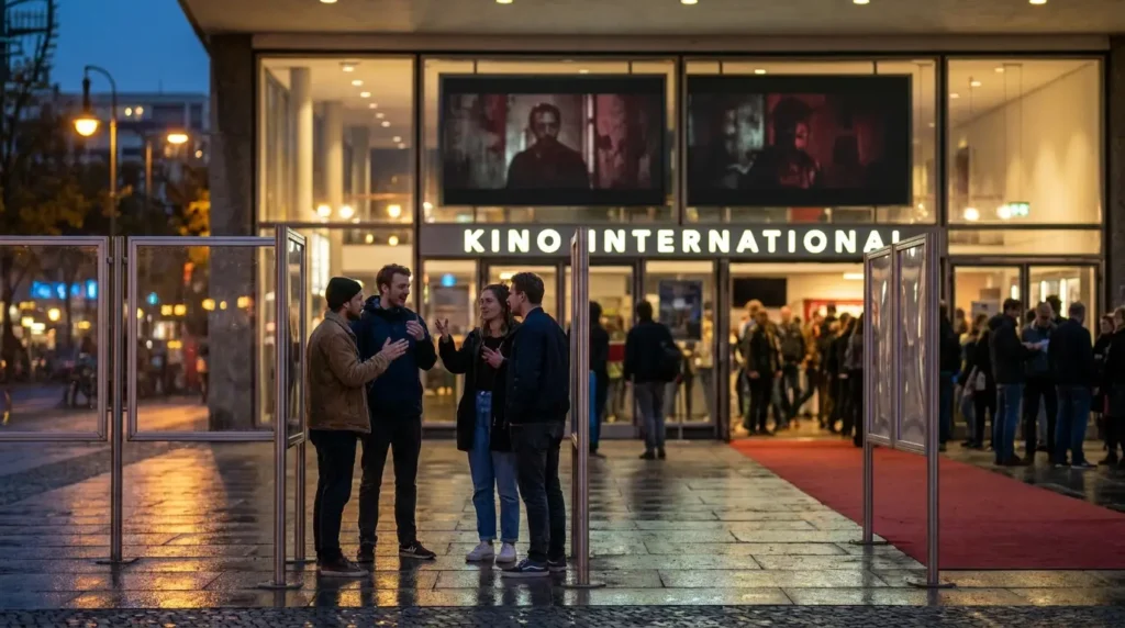 Fotorealistische Szene in natürlichem Licht vor einem modernen Arthouse-Kino in Berlin am frühen Abend, 4 Personen stehen vor Filmplakatrahmen ohne sichtbare Schrift und diskutieren angeregt, warme Reflexionen auf nassem Pflaster, reale Hauttexturen, Stoffe, Glas und Beton sehr detailreich. Im Hintergrund dezente Festival-Atmosphäre mit rotem Teppich ohne Logos oder Text, cineastische Tiefenschärfe, natürliche Farben zwischen warmem Gold, kühlem Blau und urbanem Grau, Stimmung neugierig, kulturell und inspirierend.