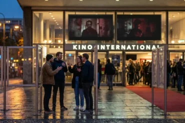 Fotorealistische Szene in natürlichem Licht vor einem modernen Arthouse-Kino in Berlin am frühen Abend, 4 Personen stehen vor Filmplakatrahmen ohne sichtbare Schrift und diskutieren angeregt, warme Reflexionen auf nassem Pflaster, reale Hauttexturen, Stoffe, Glas und Beton sehr detailreich. Im Hintergrund dezente Festival-Atmosphäre mit rotem Teppich ohne Logos oder Text, cineastische Tiefenschärfe, natürliche Farben zwischen warmem Gold, kühlem Blau und urbanem Grau, Stimmung neugierig, kulturell und inspirierend.