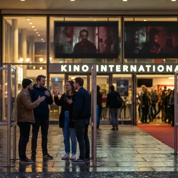 Fotorealistische Szene in natürlichem Licht vor einem modernen Arthouse-Kino in Berlin am frühen Abend, 4 Personen stehen vor Filmplakatrahmen ohne sichtbare Schrift und diskutieren angeregt, warme Reflexionen auf nassem Pflaster, reale Hauttexturen, Stoffe, Glas und Beton sehr detailreich. Im Hintergrund dezente Festival-Atmosphäre mit rotem Teppich ohne Logos oder Text, cineastische Tiefenschärfe, natürliche Farben zwischen warmem Gold, kühlem Blau und urbanem Grau, Stimmung neugierig, kulturell und inspirierend.