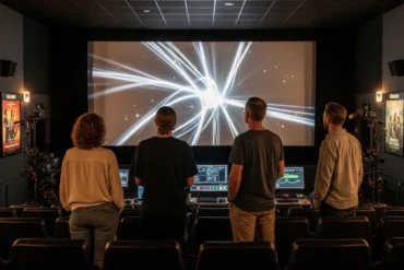 Ein fotorealistisches Kino-Setting im Jahr 2026 mit 4 Personen in einem modernen deutschen Kinosaal, eine große Leinwand mit abstrakten filmischen Lichtmustern ohne Text, dazu sichtbare, aber dezente Hinweise auf KI-gestützte Filmproduktion wie virtuelle Kamerarigs, digitale Bearbeitungsmonitore und realistische Lichtreflexe. Natürliches Licht mischt sich mit warmem Kinolicht, feine Texturen auf Sitzen, Kleidung, Glas und Metall, cineastische Komposition mit Tiefe, moderne und glaubwürdige Stimmung zwischen Technik, Kreativität und Filmkultur.