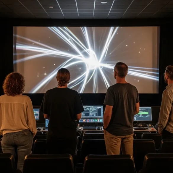 Ein fotorealistisches Kino-Setting im Jahr 2026 mit 4 Personen in einem modernen deutschen Kinosaal, eine große Leinwand mit abstrakten filmischen Lichtmustern ohne Text, dazu sichtbare, aber dezente Hinweise auf KI-gestützte Filmproduktion wie virtuelle Kamerarigs, digitale Bearbeitungsmonitore und realistische Lichtreflexe. Natürliches Licht mischt sich mit warmem Kinolicht, feine Texturen auf Sitzen, Kleidung, Glas und Metall, cineastische Komposition mit Tiefe, moderne und glaubwürdige Stimmung zwischen Technik, Kreativität und Filmkultur.