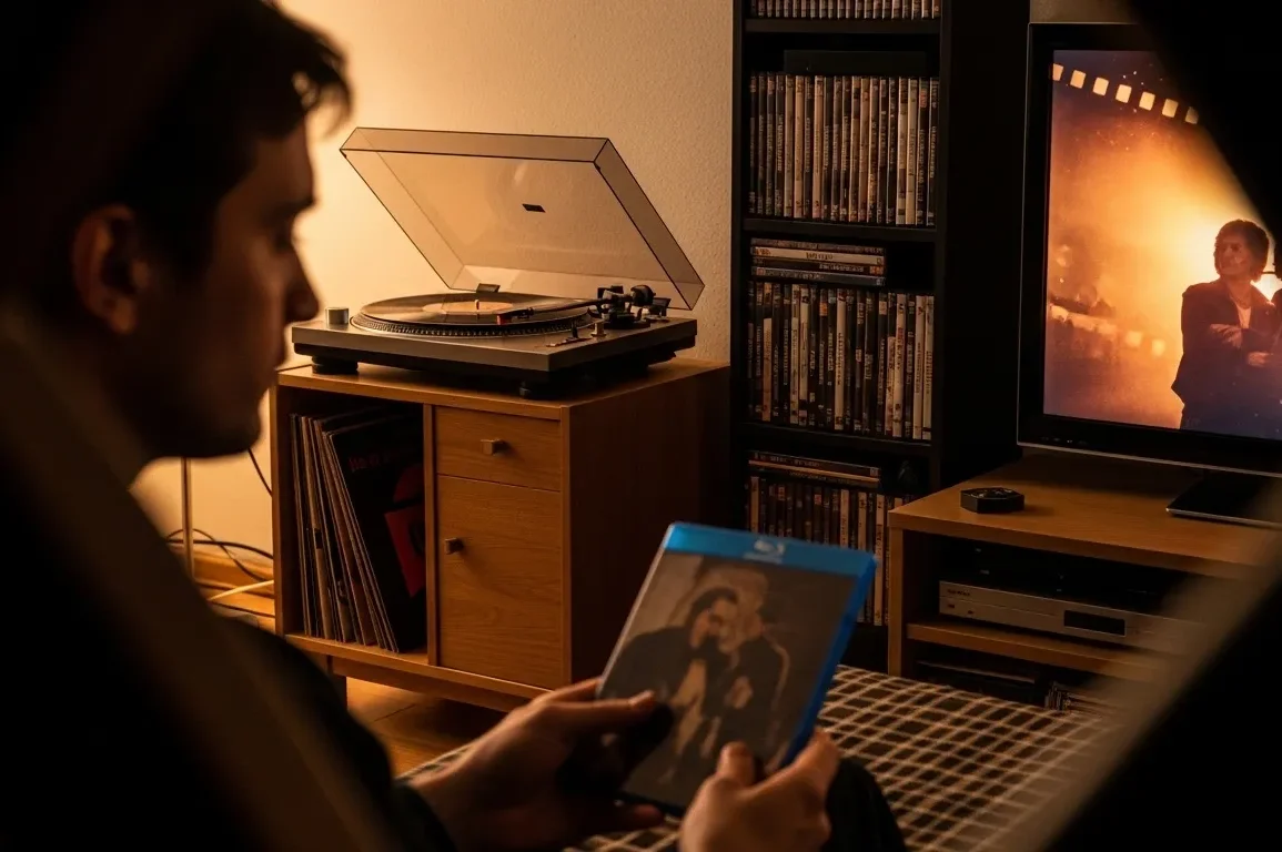 Fotorealistische Szene in natürlichem Abendlicht: eine einzelne Person in einem gemütlichen deutschen Wohnzimmer hält eine Blu-ray-Hülle in der Hand, im Hintergrund stehen ein Plattenspieler mit Vinyl, ein moderner Fernseher mit warmem Filmkorn-Look auf dem Bildschirm und ein Regal mit sorgfältig sortierten Filmen. Realistische Texturen von Papierhüllen, Kunststoff, Holz und Stoff, warme Braun-, Rot- und Goldtöne, ruhige nostalgische Stimmung mit moderner Technik, klarer Fokus auf die Verbindung von analogem Medienerlebnis und digitalem Zeitalter, ohne jeden sichtbaren Text oder Schriftzug im Bild.