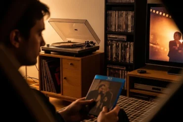 Fotorealistische Szene in natürlichem Abendlicht: eine einzelne Person in einem gemütlichen deutschen Wohnzimmer hält eine Blu-ray-Hülle in der Hand, im Hintergrund stehen ein Plattenspieler mit Vinyl, ein moderner Fernseher mit warmem Filmkorn-Look auf dem Bildschirm und ein Regal mit sorgfältig sortierten Filmen. Realistische Texturen von Papierhüllen, Kunststoff, Holz und Stoff, warme Braun-, Rot- und Goldtöne, ruhige nostalgische Stimmung mit moderner Technik, klarer Fokus auf die Verbindung von analogem Medienerlebnis und digitalem Zeitalter, ohne jeden sichtbaren Text oder Schriftzug im Bild.