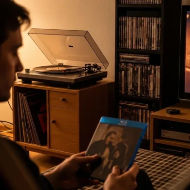 Fotorealistische Szene in natürlichem Abendlicht: eine einzelne Person in einem gemütlichen deutschen Wohnzimmer hält eine Blu-ray-Hülle in der Hand, im Hintergrund stehen ein Plattenspieler mit Vinyl, ein moderner Fernseher mit warmem Filmkorn-Look auf dem Bildschirm und ein Regal mit sorgfältig sortierten Filmen. Realistische Texturen von Papierhüllen, Kunststoff, Holz und Stoff, warme Braun-, Rot- und Goldtöne, ruhige nostalgische Stimmung mit moderner Technik, klarer Fokus auf die Verbindung von analogem Medienerlebnis und digitalem Zeitalter, ohne jeden sichtbaren Text oder Schriftzug im Bild.
