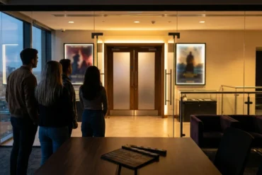 Fotorealistische Fotografie einer modernen Kinohalle vor Beginn einer Preview, mit genau 4 Personen im Vordergrund, die auf eine beleuchtete Saaltür und Filmplakate ohne lesbare Schrift blicken, natürliches warmes Abendlicht aus dem Foyer, realistische Texturen von Samtsitzen, Glas, Metall und Papier. Stimmung gespannt und einladend, cineastische Komposition mit klarer Tiefenschärfe, dezente Rot- und Goldtöne, professioneller Look für einen Artikel über Kino Preview und Kinoevent, keinerlei Text oder Schrift im Bild.