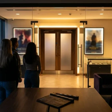 Fotorealistische Fotografie einer modernen Kinohalle vor Beginn einer Preview, mit genau 4 Personen im Vordergrund, die auf eine beleuchtete Saaltür und Filmplakate ohne lesbare Schrift blicken, natürliches warmes Abendlicht aus dem Foyer, realistische Texturen von Samtsitzen, Glas, Metall und Papier. Stimmung gespannt und einladend, cineastische Komposition mit klarer Tiefenschärfe, dezente Rot- und Goldtöne, professioneller Look für einen Artikel über Kino Preview und Kinoevent, keinerlei Text oder Schrift im Bild.