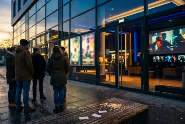 Fotorealistische Szene vor einem modernen Kino am frühen Abend, 5 Personen stehen vor leuchtenden Filmplakaten ohne lesbare Schrift und schauen gespannt auf die Eingangsfront, warmes natürliches Licht, realistische Spiegelungen auf Glas, feine Stoff- und Hauttexturen, cineastische Atmosphäre. Im Vordergrund liegen Popcorn und Eintrittskarten ohne Text auf einer Bank, im Hintergrund dezente Stadtlichter, ausgewogene Komposition in goldenen und tiefblauen Farbtönen, no text
