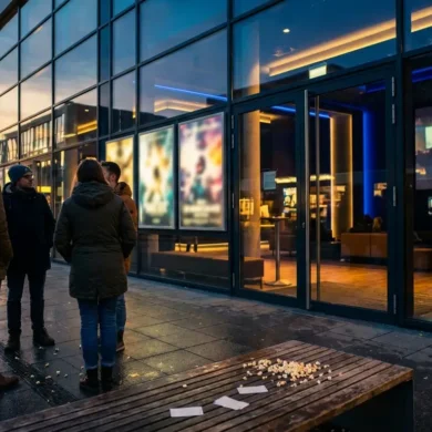 Fotorealistische Szene vor einem modernen Kino am frühen Abend, 5 Personen stehen vor leuchtenden Filmplakaten ohne lesbare Schrift und schauen gespannt auf die Eingangsfront, warmes natürliches Licht, realistische Spiegelungen auf Glas, feine Stoff- und Hauttexturen, cineastische Atmosphäre. Im Vordergrund liegen Popcorn und Eintrittskarten ohne Text auf einer Bank, im Hintergrund dezente Stadtlichter, ausgewogene Komposition in goldenen und tiefblauen Farbtönen, no text