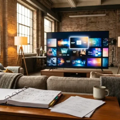 Fotorealistische Hero-Szene für einen Streaming-Vergleich: modernes Wohnzimmer mit großem Fernseher, mehreren Streaming-Oberflächen als abstrakte Kacheln auf dem Bildschirm, eine Option subtil als Top-Wahl hervorgehoben, gemütliche Heimkino-Atmosphäre, natürliche Beleuchtung durch Fenster und warme Lampen, realistische Texturen bei Sofa, Holz, Glas und Elektronik, hochwertiges modernes Interior, kein Text im Bild