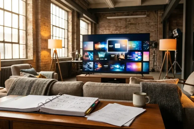 Fotorealistische Hero-Szene für einen Streaming-Vergleich: modernes Wohnzimmer mit großem Fernseher, mehreren Streaming-Oberflächen als abstrakte Kacheln auf dem Bildschirm, eine Option subtil als Top-Wahl hervorgehoben, gemütliche Heimkino-Atmosphäre, natürliche Beleuchtung durch Fenster und warme Lampen, realistische Texturen bei Sofa, Holz, Glas und Elektronik, hochwertiges modernes Interior, kein Text im Bild