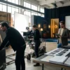 Fotorealistische Szene in einem modernen Filmstudio mit genau 4 Personen: ein Regisseur im Vordergrund blickt auf einen Monitor, daneben eine Kamerafrau, ein Produzent und ein VFX-Spezialist, natürliche Beleuchtung durch hohe Studiofenster und weiche Set-Lichter, realistische Texturen von Kameragehäusen, Kabeln, Stoffen und Holzbauten. Im Hintergrund ein stilvoll aufgebautes Arthouse-Set mit subtilen Hinweisen auf Festivalatmosphäre in Berlin, kühle Blau- und warme Goldtöne, konzentrierte und zugleich kreative Stimmung, cineastische Tiefenschärfe, kein Text und keine Schrift im Bild.