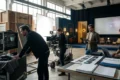 Fotorealistische Szene in einem modernen Filmstudio mit genau 4 Personen: ein Regisseur im Vordergrund blickt auf einen Monitor, daneben eine Kamerafrau, ein Produzent und ein VFX-Spezialist, natürliche Beleuchtung durch hohe Studiofenster und weiche Set-Lichter, realistische Texturen von Kameragehäusen, Kabeln, Stoffen und Holzbauten. Im Hintergrund ein stilvoll aufgebautes Arthouse-Set mit subtilen Hinweisen auf Festivalatmosphäre in Berlin, kühle Blau- und warme Goldtöne, konzentrierte und zugleich kreative Stimmung, cineastische Tiefenschärfe, kein Text und keine Schrift im Bild.