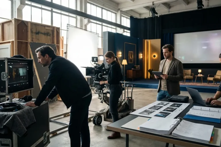 Fotorealistische Szene in einem modernen Filmstudio mit genau 4 Personen: ein Regisseur im Vordergrund blickt auf einen Monitor, daneben eine Kamerafrau, ein Produzent und ein VFX-Spezialist, natürliche Beleuchtung durch hohe Studiofenster und weiche Set-Lichter, realistische Texturen von Kameragehäusen, Kabeln, Stoffen und Holzbauten. Im Hintergrund ein stilvoll aufgebautes Arthouse-Set mit subtilen Hinweisen auf Festivalatmosphäre in Berlin, kühle Blau- und warme Goldtöne, konzentrierte und zugleich kreative Stimmung, cineastische Tiefenschärfe, kein Text und keine Schrift im Bild.