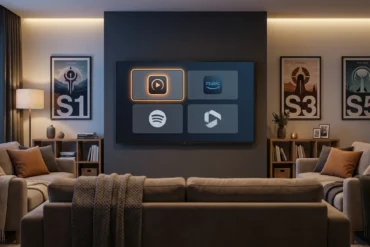 Professionelles Vergleichs-Hero-Bild mit einem modernen Wohnzimmer, Smart-TV und mehreren symbolischen Streaming-Optionen auf der Benutzeroberfläche, eine Option subtil als Top-Wahl hervorgehoben, elegantes modernes Design, kein Text im Bild, fotorealistische Fotografie mit natürlicher Beleuchtung und realistischen Texturen