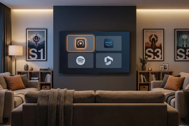 Professionelles Vergleichs-Hero-Bild mit einem modernen Wohnzimmer, Smart-TV und mehreren symbolischen Streaming-Optionen auf der Benutzeroberfläche, eine Option subtil als Top-Wahl hervorgehoben, elegantes modernes Design, kein Text im Bild, fotorealistische Fotografie mit natürlicher Beleuchtung und realistischen Texturen
