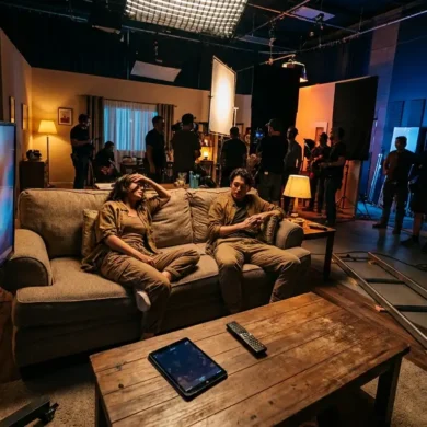 Fotorealistische Wohnzimmerszene mit genau 2 Personen auf einem Sofa, ein großer moderner Fernseher zeigt eine abstrakte Streaming-Oberfläche ohne lesbare Elemente, auf dem Couchtisch liegen Tablet und Fernbedienung, natürliches Abendlicht und warme Lampenbeleuchtung sorgen für eine gemütliche Heimkino-Stimmung. Realistische Texturen von Stoff, Holz und Glas, ausgewogene Komposition mit Fokus auf Geräte und entspannte Nutzung von Streaming-Abos, dezente neutrale Farben, no text