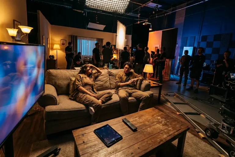 Fotorealistische Wohnzimmerszene mit genau 2 Personen auf einem Sofa, ein großer moderner Fernseher zeigt eine abstrakte Streaming-Oberfläche ohne lesbare Elemente, auf dem Couchtisch liegen Tablet und Fernbedienung, natürliches Abendlicht und warme Lampenbeleuchtung sorgen für eine gemütliche Heimkino-Stimmung. Realistische Texturen von Stoff, Holz und Glas, ausgewogene Komposition mit Fokus auf Geräte und entspannte Nutzung von Streaming-Abos, dezente neutrale Farben, no text