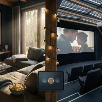 Professionelles Vergleichs-Hero-Bild mit einer gemütlichen Heimkino-Szene auf der einen Seite und einem modernen Kinosaal auf der anderen, mehrere Unterhaltungsoptionen sichtbar, wobei eine Option subtil als Top-Wahl hervorgehoben ist, modernes Design, kein Text im Bild, fotorealistische Fotografie mit natürlichem Licht und realistischen Texturen