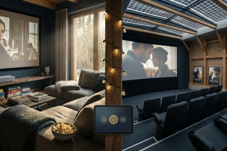Professionelles Vergleichs-Hero-Bild mit einer gemütlichen Heimkino-Szene auf der einen Seite und einem modernen Kinosaal auf der anderen, mehrere Unterhaltungsoptionen sichtbar, wobei eine Option subtil als Top-Wahl hervorgehoben ist, modernes Design, kein Text im Bild, fotorealistische Fotografie mit natürlichem Licht und realistischen Texturen
