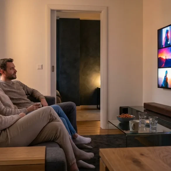 Fotorealistische Szene in einem modernen deutschen Wohnzimmer bei natürlichem Abendlicht: 3 Personen sitzen entspannt vor einem großen Fernseher mit filmischer Beleuchtung, auf dem farbintensive, aber textfreie Streaming-Oberflächen und cineastische Vorschaubilder ohne Schrift zu sehen sind; im Raum stehen ein Sofa, eine Soundbar, ein Beistelltisch mit Snacks und dezente Heimkino-Technik mit realistischen Materialien wie Stoff, Holz und Glas. Warme, natürliche Farbtöne, weiche Schatten, klare Texturen und eine ruhige, hochwertige Stimmung, die den Wandel der Streamingdienste, neue Filme und Filmtrends 2026 visuell vermittelt, ohne jegliche Schrift, Zahlen oder Logos im Bild.