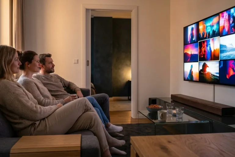 Fotorealistische Szene in einem modernen deutschen Wohnzimmer bei natürlichem Abendlicht: 3 Personen sitzen entspannt vor einem großen Fernseher mit filmischer Beleuchtung, auf dem farbintensive, aber textfreie Streaming-Oberflächen und cineastische Vorschaubilder ohne Schrift zu sehen sind; im Raum stehen ein Sofa, eine Soundbar, ein Beistelltisch mit Snacks und dezente Heimkino-Technik mit realistischen Materialien wie Stoff, Holz und Glas. Warme, natürliche Farbtöne, weiche Schatten, klare Texturen und eine ruhige, hochwertige Stimmung, die den Wandel der Streamingdienste, neue Filme und Filmtrends 2026 visuell vermittelt, ohne jegliche Schrift, Zahlen oder Logos im Bild.