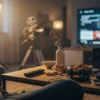 Fotorealistische Szene in einem modernen deutschen Wohnzimmer bei weichem natürlichem Abendlicht: eine einzelne Person sitzt entspannt auf einem Sofa, auf dem Couchtisch liegen Fernbedienung, Kopfhörer und Snacks, im Hintergrund läuft auf einem großen Fernseher eine unscharfe Streaming-Oberfläche ohne lesbare Elemente. Warme Farbtöne, realistische Stoff- und Holztexturen, dezente Tiefenschärfe, gemütliche und konzentrierte Stimmung, hochwertiger redaktioneller Look ohne Text, Wörter, Buchstaben oder Zahlen im Bild.