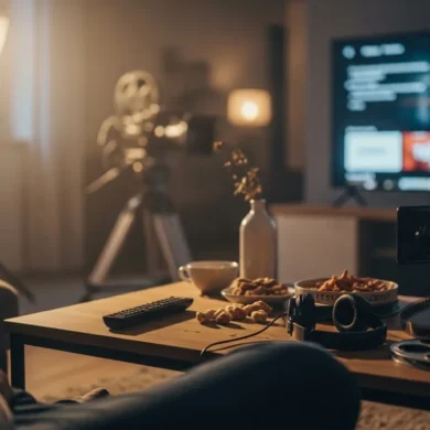 Fotorealistische Szene in einem modernen deutschen Wohnzimmer bei weichem natürlichem Abendlicht: eine einzelne Person sitzt entspannt auf einem Sofa, auf dem Couchtisch liegen Fernbedienung, Kopfhörer und Snacks, im Hintergrund läuft auf einem großen Fernseher eine unscharfe Streaming-Oberfläche ohne lesbare Elemente. Warme Farbtöne, realistische Stoff- und Holztexturen, dezente Tiefenschärfe, gemütliche und konzentrierte Stimmung, hochwertiger redaktioneller Look ohne Text, Wörter, Buchstaben oder Zahlen im Bild.